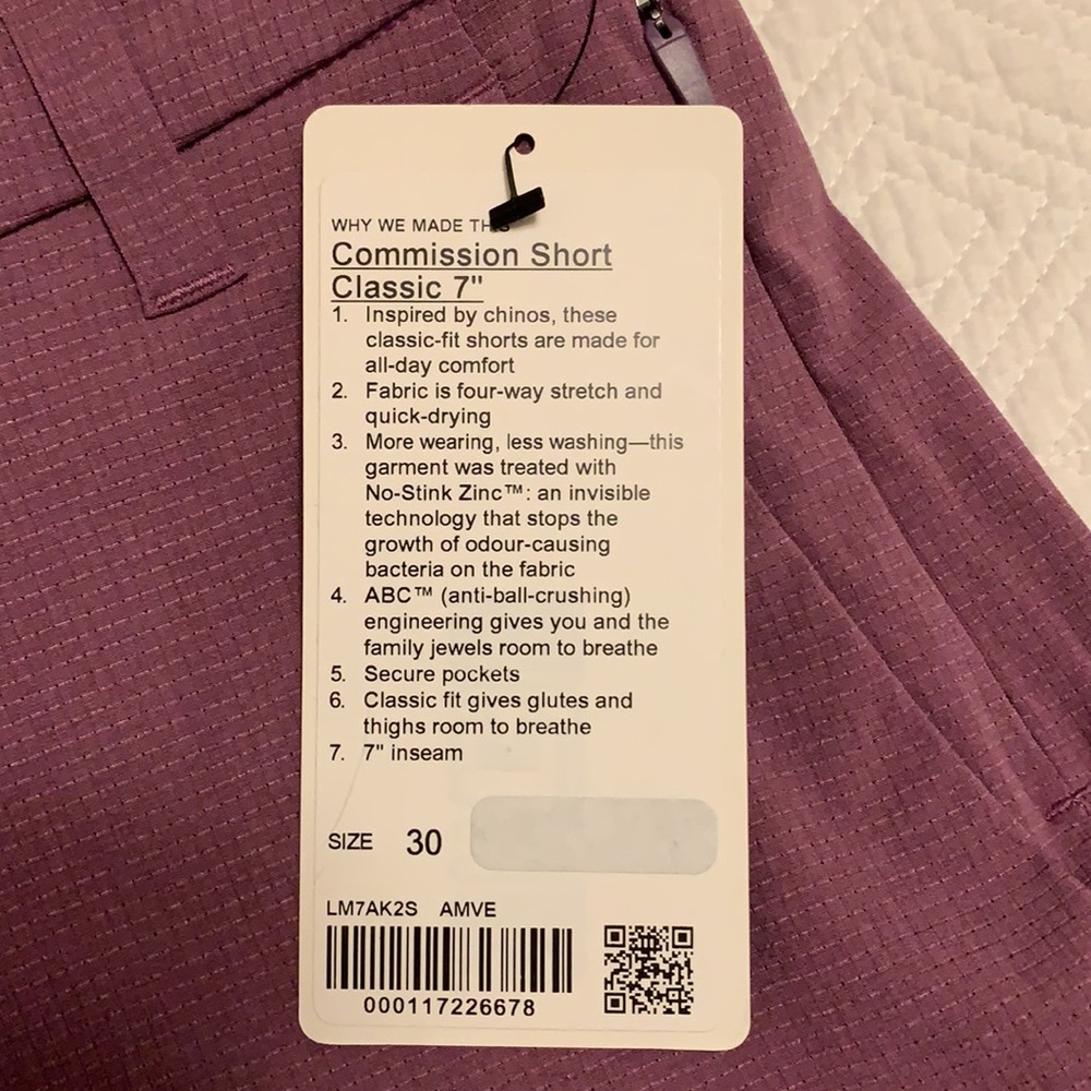 Lululemon Men’s Commission Short Classic 7” size 30 Purple NWT